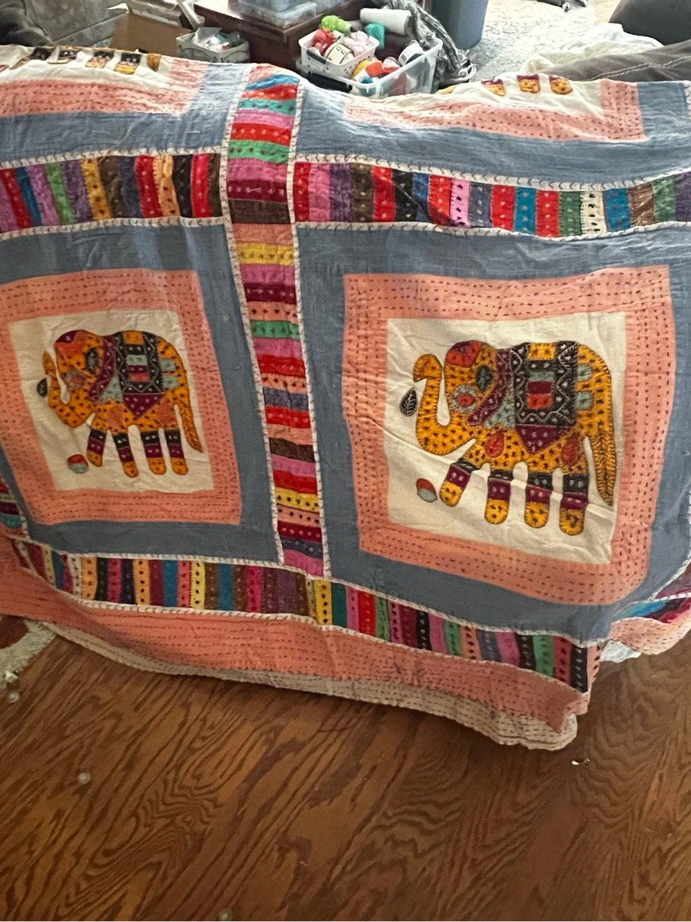 Handmade Multicolor Elephant Patchwork Quilt - Peach & Blue